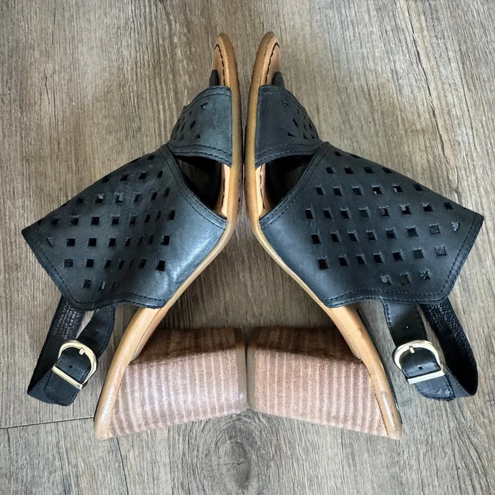 Born‎ Black Leather Havana Perforated Block Heel Slingback Sandals Size 8M